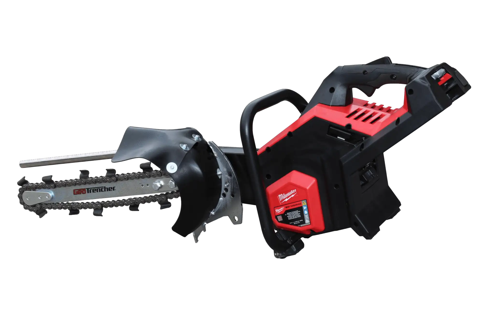<h1><strong>Milwaukee Mini Trencher 400-mm GeoTrencher</strong></h1> The <strong>GeoTrencher – 400mm Trencher</strong>, powered by the advanced <strong>Milwaukee MX FUEL™</strong> system, is a game-changer for trenching applications. Designed for precision, reliability, and performance, this complete system includes the milwaukee mini trencher unit pre-assembled with GeoTrencher’s custom attachment and two <strong>standard geo trenching chains</strong>. This innovative solution is compatible with Milwaukee’s <strong>MX FUEL™ batteries</strong>, offering unparalleled power without the hassle of petrol. With a variety of battery options available, you can tailor the system to meet your project’s specific needs. <h4>What’s Included:</h4> <ul> <li>(1) 400mm Trencher (Pre-assembled GeoTrencher Attachment)</li> <li>(2) Standard 38mm wide Geo Trenching Chains</li> <li><strong>Battery and Charger Sold Separately</strong></li> <li>Milwaukee’s MXFCOS350G2 (Tool Only)</li> </ul> rear photo of the Milwaukee Powered GeoTrenher
