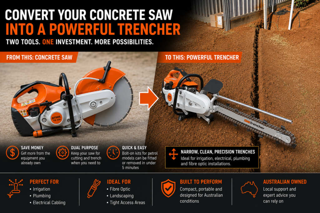 Concrete saw trencher conversion with GeoTrencher attachment creating a narrow precision trench