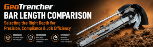 GeoTrencher bar length comparison infographic showing 400mm, 500mm and 700mm trenching bars for shallow, medium and deep trenching applications with precision, compliance and efficiency benefits.