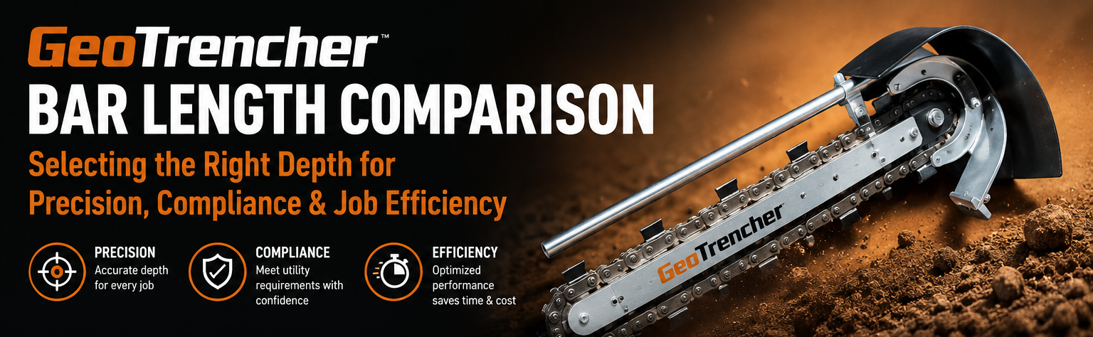 GeoTrencher bar length comparison infographic showing 400mm, 500mm and 700mm trenching bars for shallow, medium and deep trenching applications with precision, compliance and efficiency benefits.